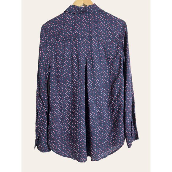 Beach Lunch Lounge Blue Red Heart Print Long Sleeve Viscose Button Up Top Size M - Picture 3 of 5